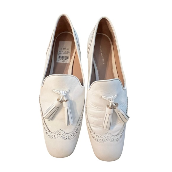 Stuart Weitzman White Leather Brogue Tassel Loafer Shoes Size 10 NEW - Picture 1 of 9